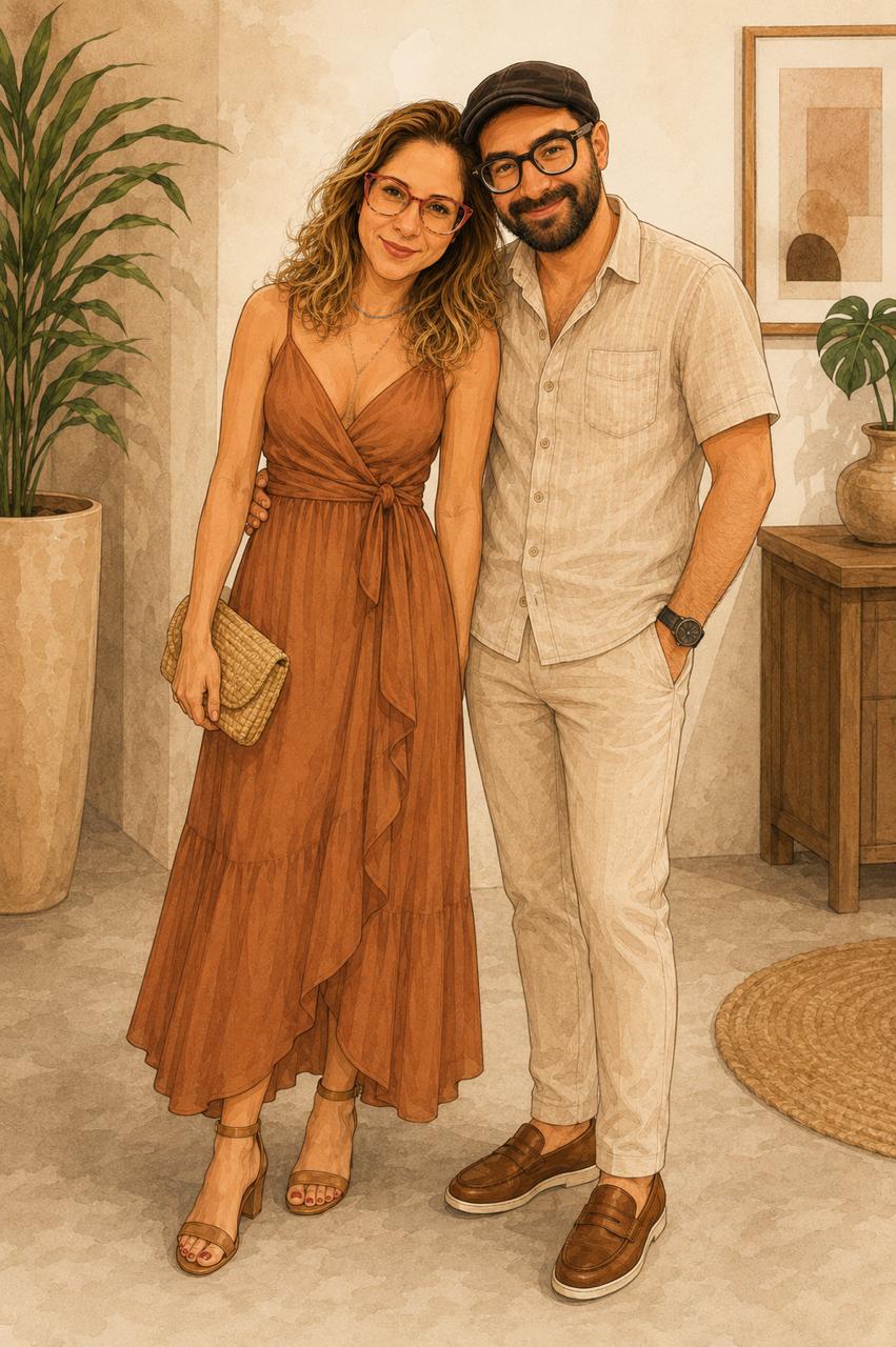 Casal em traje esporte fino terracota e areia