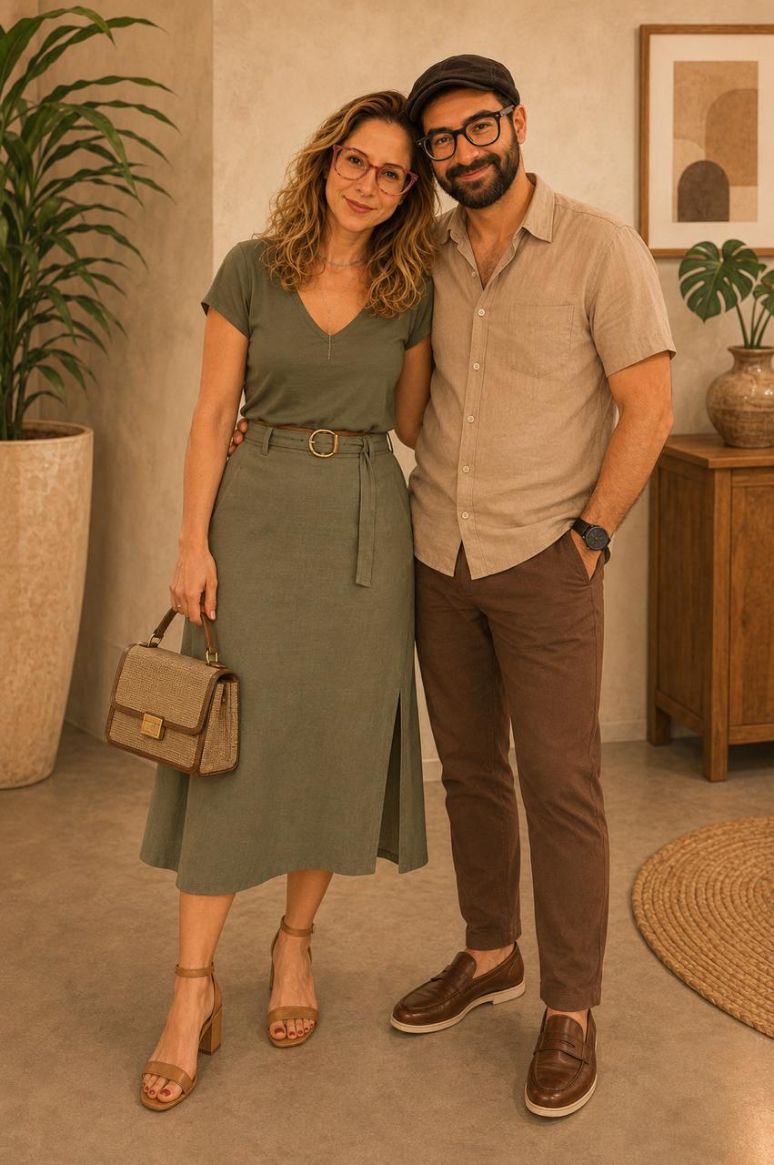 Casal em traje esporte fino verde-oliva e marrom