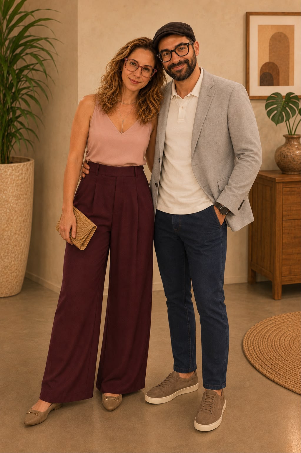 Casal em traje esporte fino bordô e blazer cinza